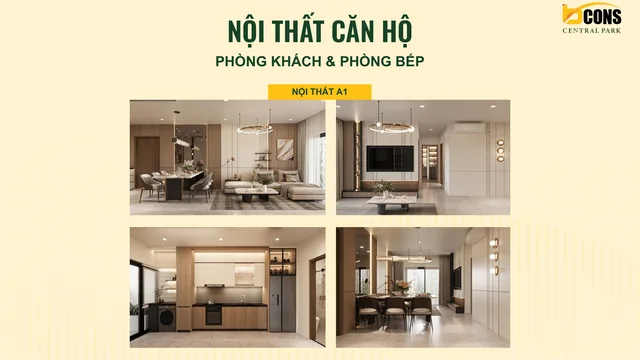 Căn A1 (3PN·2WC, 88 m² sàn, căn góc) — phòng khách và bếp